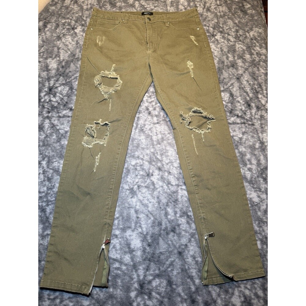 Nova Men 36 Army Green Distressed Jeans Zipper Pants Skinny Grunge Street Style